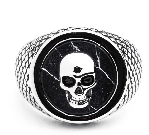 Harley-Davidson® Men's Black Circle Skull Head Ring, Silver Stainless Steel