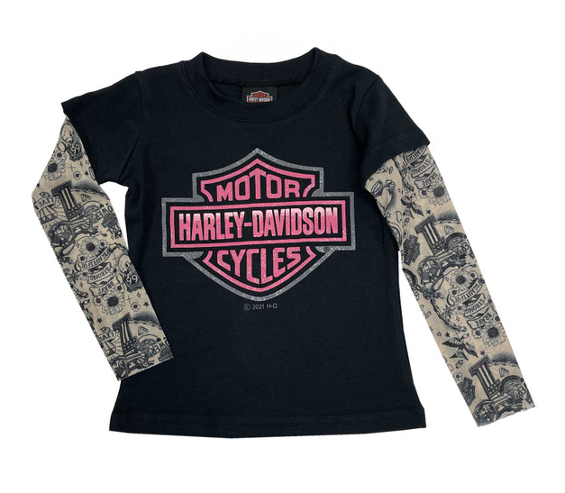 Harley-Davidson® Little Girls' Glitter B&S Mesh Tattoo Long Sleeve Tee - Black