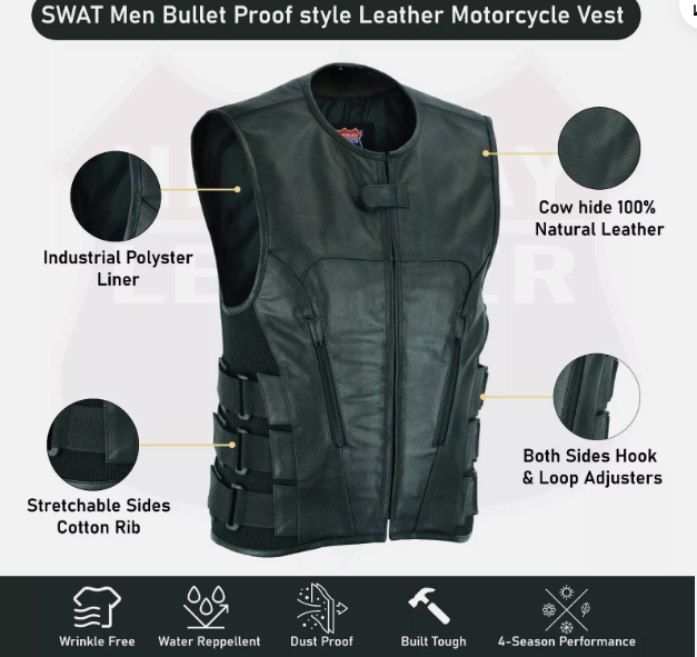 Men's Commando Concealed Carry Swat Team Motorcycle Biker Club Leather Vest