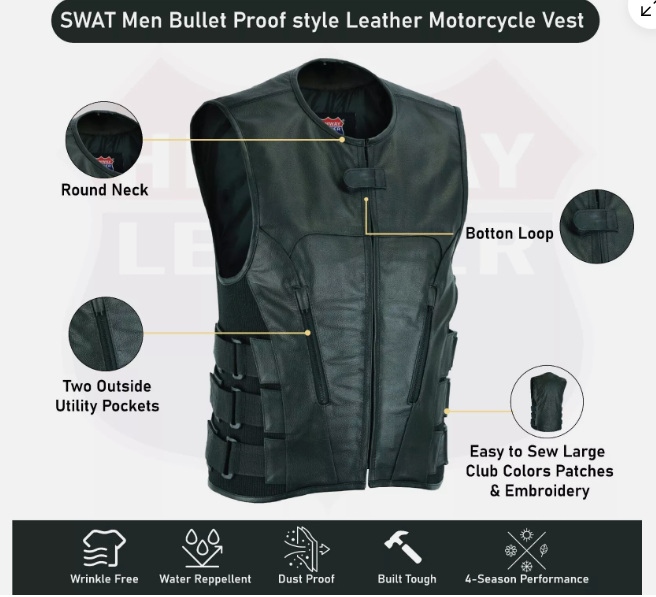 Men's Commando Concealed Carry Swat Team Motorcycle Biker Club Leather Vest