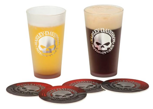Harley-Davidson Metallic Willie G Skull Logo Pint Glass & Coaster Set