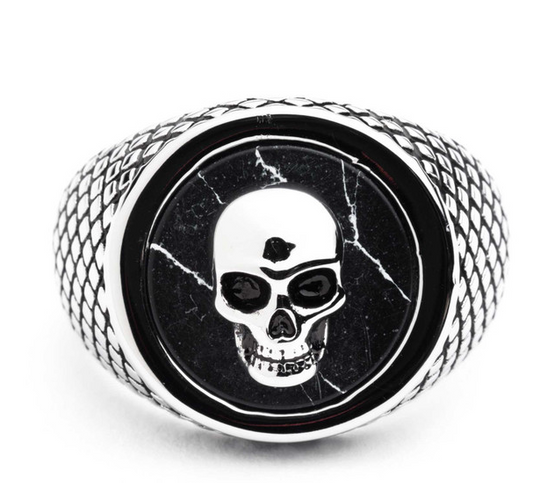 Harley-Davidson® Men's Black Circle Skull Head Ring, Silver Stainless Steel