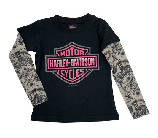 Harley-Davidson® Little Girls' Glitter B&S Mesh Tattoo Long Sleeve Tee - Black